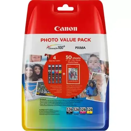 Cartouches d'encre Canon CLI-526 BK/C/M/Y + Papiers photo 10x15